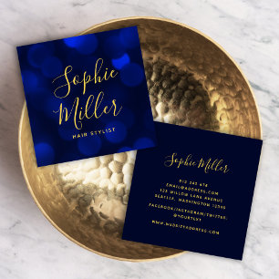Modern Calligraphy Sapphire Blue Bokeh Lights Square Business Card