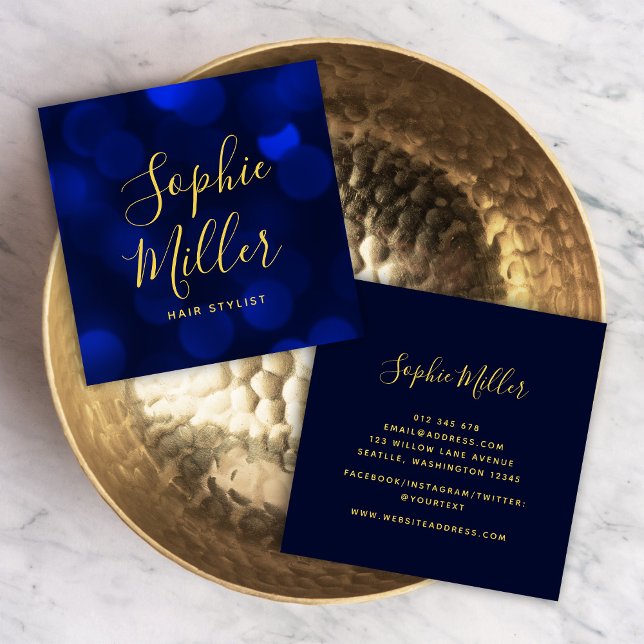 Modern Calligraphy Sapphire Blue Bokeh Lights Square Business Card (Creator Uploaded)