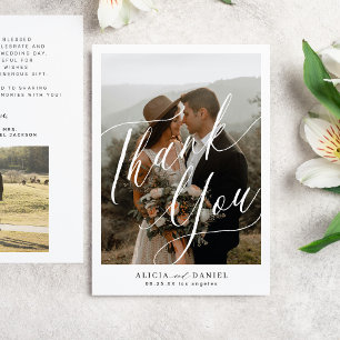 Modern calligraphy script 2 photos wedding Thank You Card