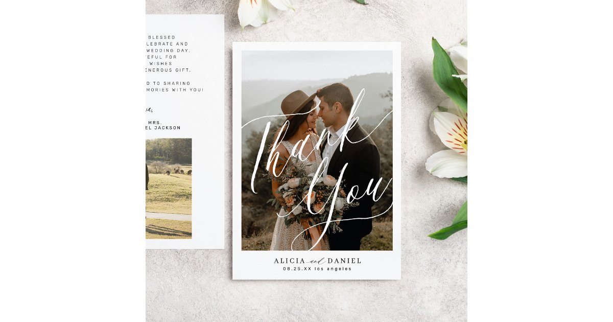 Modern calligraphy script 2 photos wedding Thank You Card | Zazzle