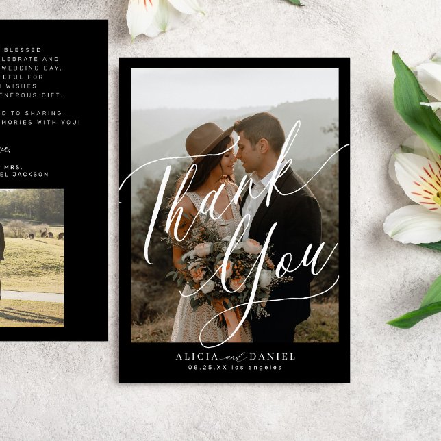  Modern calligraphy script 2 photos wedding  Thank You Card (Creator Uploaded)