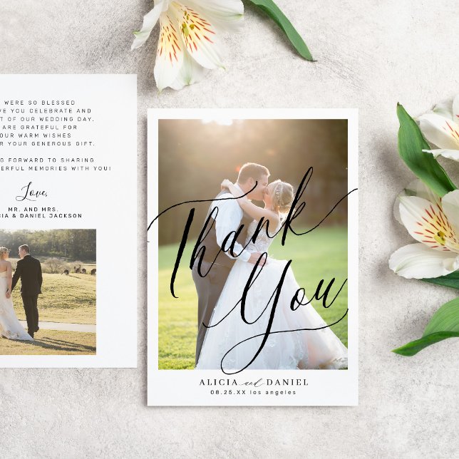  Modern calligraphy script 2 photos wedding  Thank You Card (Creator Uploaded)