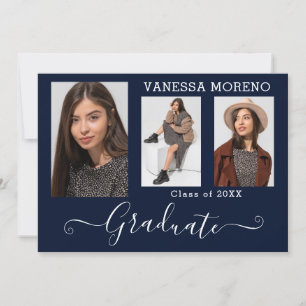 Modern Calligraphy Script 3 Photo Blue Graduation Announcement
