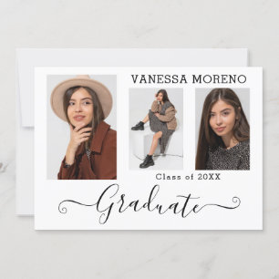 Modern Calligraphy Script 3 Photo White Graduation Announcement