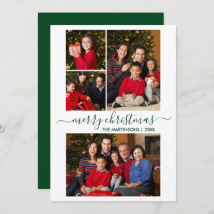 Modern Calligraphy Script 4 Photo Christmas Green Holiday Card