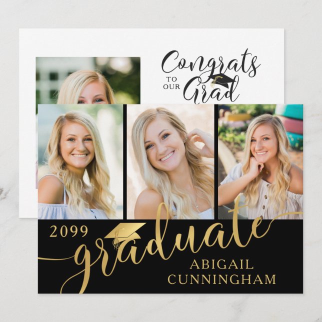Modern Calligraphy Script 4 Photo Graduation Announcement (Front/Back)