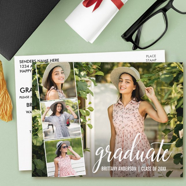 Modern Calligraphy Script 4 Photo Graduation Party Postcard (Customize with your photos and text.)