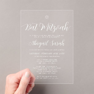 Modern Calligraphy Script Bat Mitzvah Acrylic Invitations