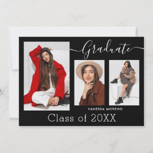 Modern Calligraphy Script BxW 3 Photo Graduation Announcement