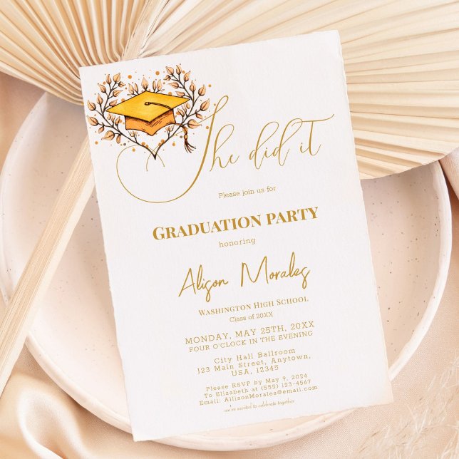 Modern Calligraphy Script Graduation She Did It Invitation (Creator Uploaded)