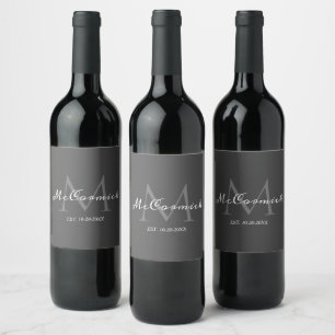 Modern Calligraphy Script Grey White Monogram Name Wine Label
