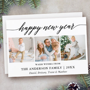 Modern Calligraphy Script Happy New Year 3 Photo Holiday Card