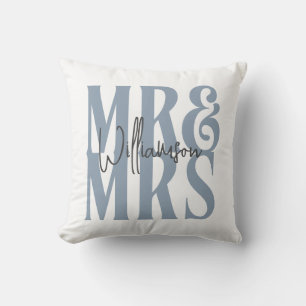Modern Calligraphy Script Mr Mrs Wedding Blue Cushion