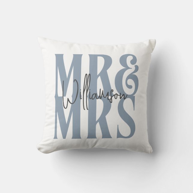 Modern Calligraphy Script Mr Mrs Wedding Blue Cushion (Front)