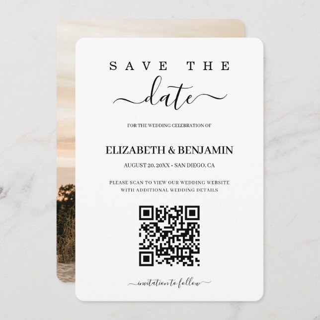 Modern Calligraphy Script QR Code Photo Save The D Save The Date (Front/Back)