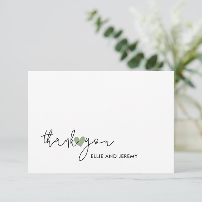 Modern Calligraphy Script Sage Green Heart Wedding Thank You Card (Standing Front)