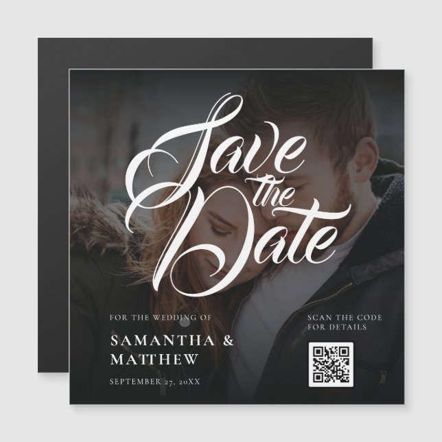 Modern Calligraphy Script Save The Date QR Code (Front/Back)
