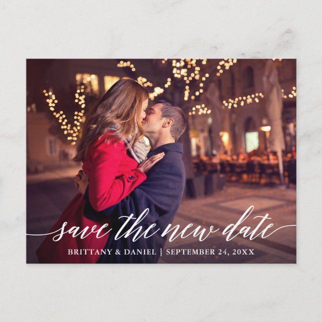 Modern Calligraphy Script Save The New Date Photo Postcard (Front)