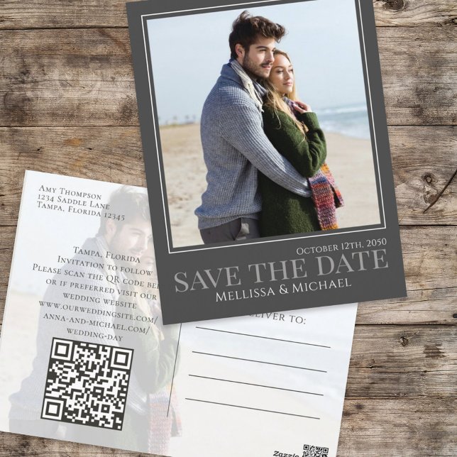 Modern Calligraphy Script Two Photo Simple QR Code Postcard (Creator Uploaded)