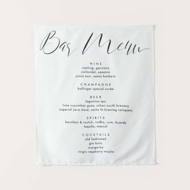 Modern Calligraphy Script Wedding Drinks Bar Menu Tapestry (Front)