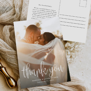 Modern Calligraphy Script Wedding Photo Thank You Postcard