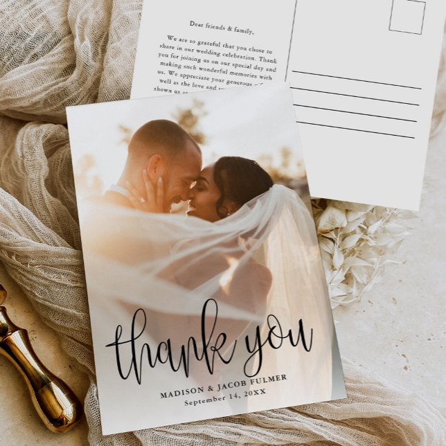Modern Calligraphy Script Wedding Photo Thank You Postcard (Creator Uploaded)