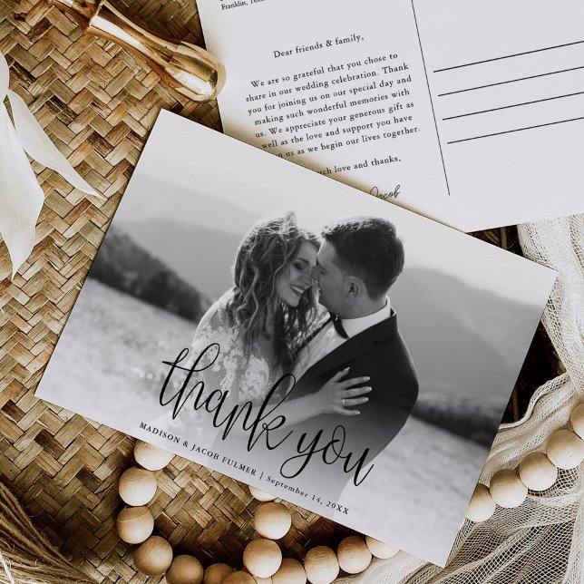 Modern Calligraphy Script Wedding Photo Thank You Postcard (Creator Uploaded)