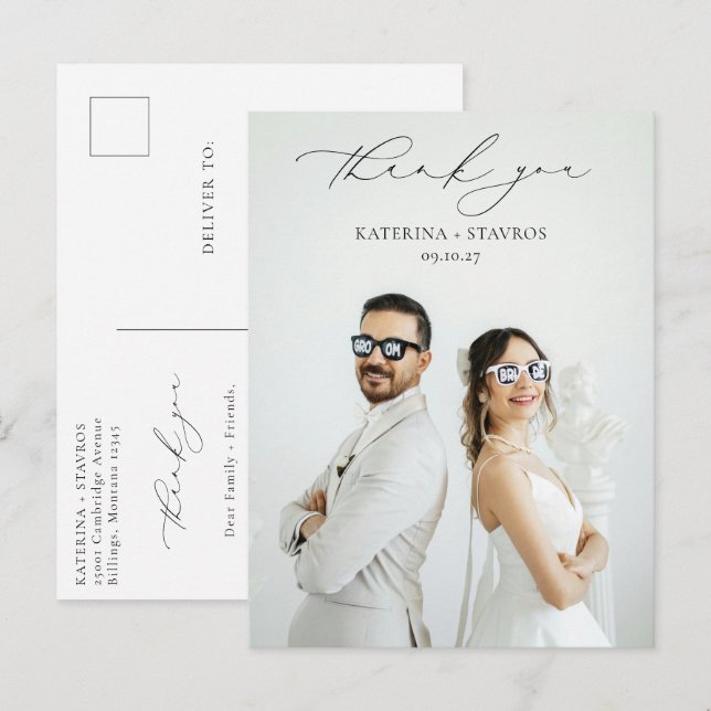 Modern Calligraphy Script Wedding Photo Thank You Postcard (Front/Back)