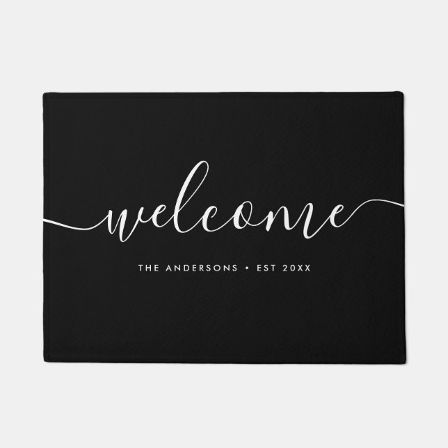 Modern Calligraphy Script Welcome Family Name Doormat (Front)