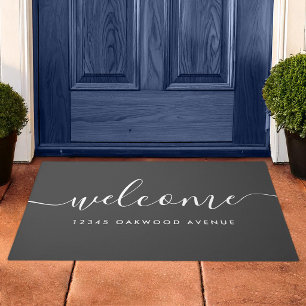 Modern Calligraphy Script Welcome Street Address Doormat