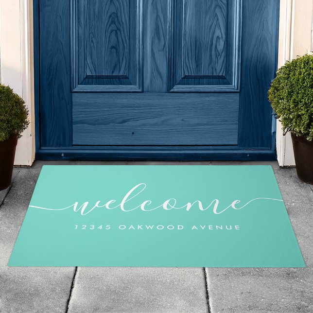 Modern Calligraphy Script Welcome Street Address Doormat (Creator Uploaded)