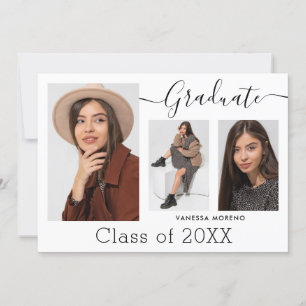 Modern Calligraphy Script White 3 Photo Graduation Announcement