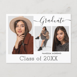 Modern Calligraphy Script White 3 Photo Graduation Postcard