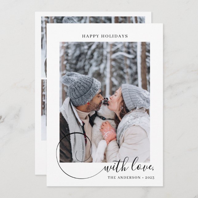 Modern Calligraphy Script with 3 Photo Christmas Holiday Card (Front/Back)