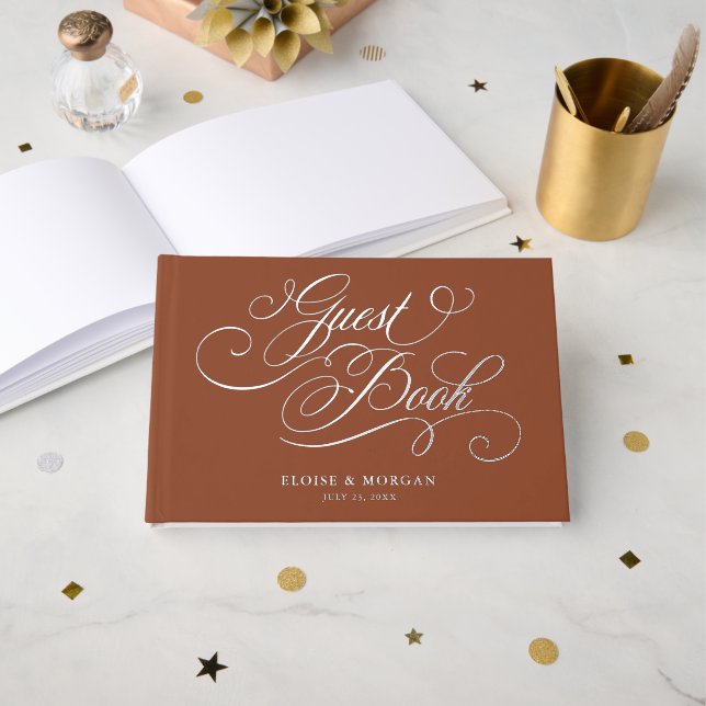 Modern calligraphy  Silver Terracotta boho wedding Guest Book (Front Open)