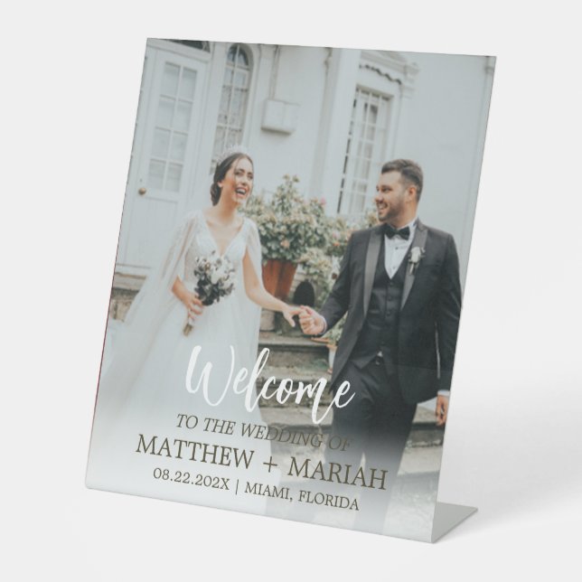 Modern Calligraphy Simple Photo Wedding Welcome Pedestal Sign (Front)