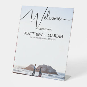 Modern Calligraphy Simple Photo Wedding Welcome Pedestal Sign