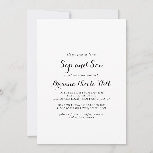 Modern Calligraphy Sip and See Invitation (Front)