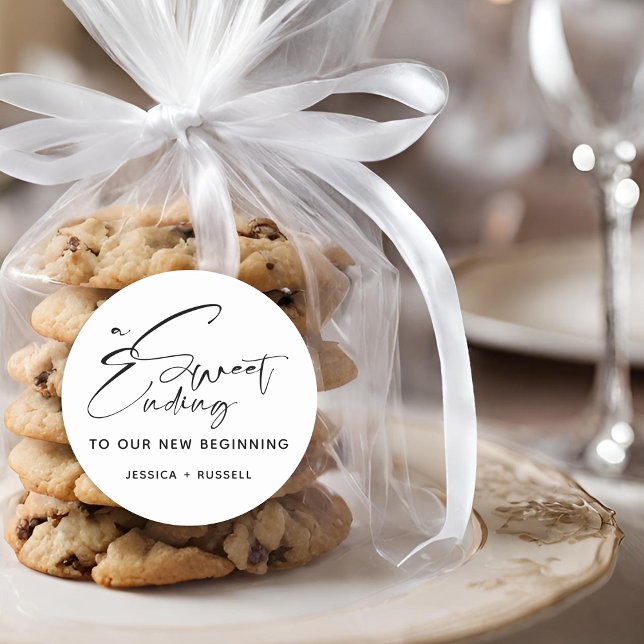 Modern Calligraphy Sweet Ending Wedding Favour Classic Round Sticker (Modern Calligraphy Sweet Ending Wedding Favor Classic Round Sticker)