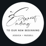 Modern Calligraphy Sweet Ending Wedding Favour Classic Round Sticker<br><div class="desc">Modern calligraphy "a sweet ending" modern san serif font. Favour sticker for weddings.</div>