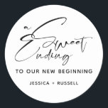 Modern Calligraphy Sweet Ending Wedding Favour Classic Round Sticker<br><div class="desc">Modern calligraphy "a sweet ending" modern san serif font. Favour sticker for weddings.</div>