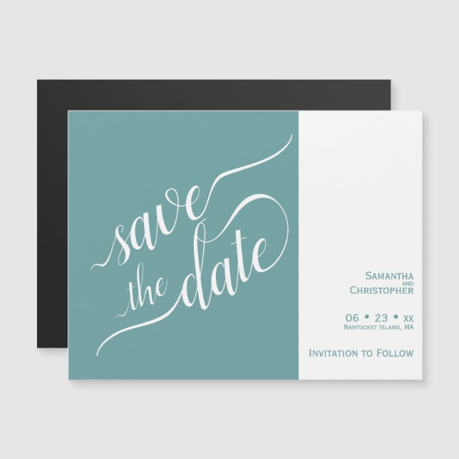 Modern Calligraphy Teal Wedding Save the Date Magnetic Invitation (Front/Back)