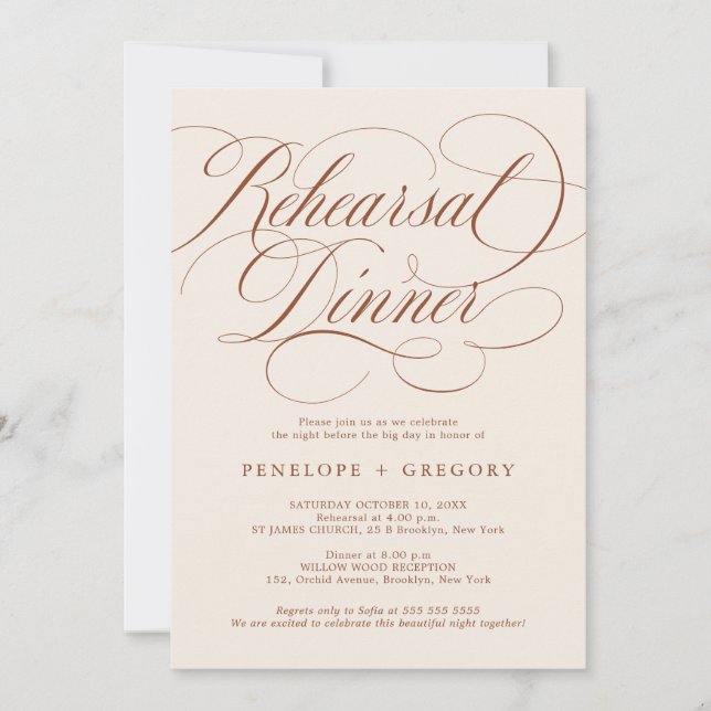 Modern calligraphy terracotta Rehearsal Dinner Invitation (Front)