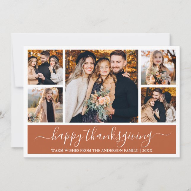Modern Calligraphy Thanksgiving 5 Photo Terracotta Holiday Card (Front)