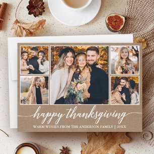 Modern Calligraphy Thanksgiving Kraft 5 Photo Holiday Card