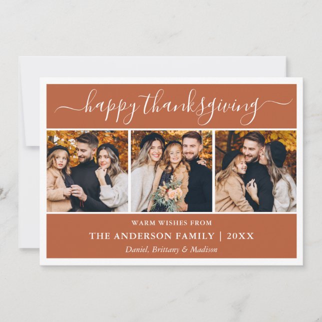 Modern Calligraphy Thanksgiving Terracotta 3 Photo Holiday Card (Front)