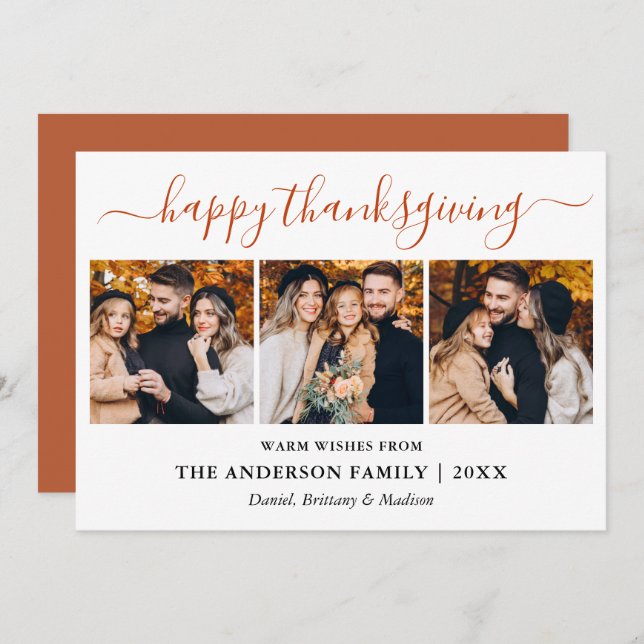 Modern Calligraphy Thanksgiving Terracotta 3 Photo Holiday Card (Front/Back)