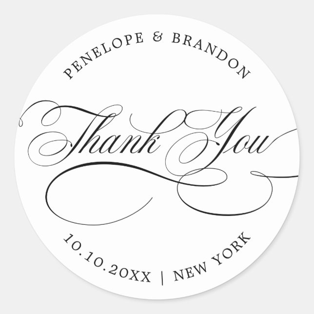 Modern calligraphy timeles black wedding thank you classic round sticker (Front)