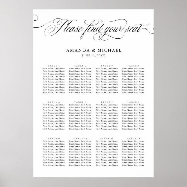 Modern calligraphy timeless black Seating Chart (Front)