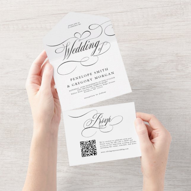 Modern calligraphy timeless black white wedding all in one invitation (Tearaway)